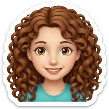 A girl with long curly brown hair, fair skin and beautiful hazel eyes, smiling.  sticker