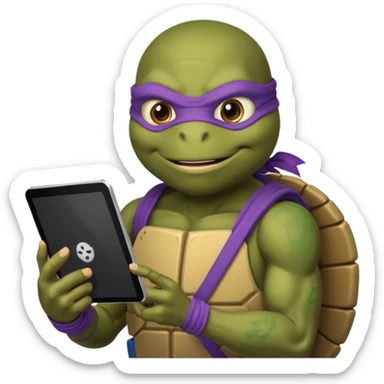 Donatello from Teenage Mutant Ninja Turtles, emoji style, with a tablet showing a hacking screen in hand sticker