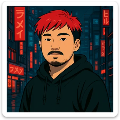 Asian man with a bit round face, less mustache, and a bit of beard, red hair, black hoodie, Japanese cyberpunk anime style, futuristic city background sticker