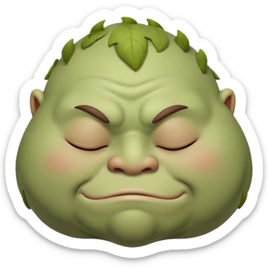 Meme-Worthy Cute Sleeping Ogre Portrait Emoji, with a surprisingly endearing, plump figure in soft earthy greens and browns, head drooping gently with closed, relaxed eyes and a content, sleepy grin, simplified yet adorably detailed, glowing with a soft warm outline that captures the peaceful slumber of a friendly ogre after a day of gentle mischief! sticker
