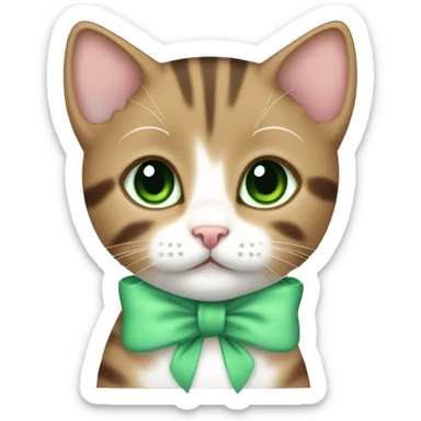 kawaii brown tabby kitten with green eyes and pastel green bow on ear sticker