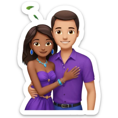 Tan tall brunette European male in blue shirt smiling and hugging a jet black African girl in purple strapless dress and blue jewelry they are on a beach with palm trees sticker
