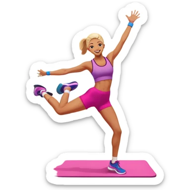 An energetic person performing an aerobics workout in a brightly lit gym, jumping and stretching with enthusiasm. The scene includes vibrant fitness equipment like dumbbells and exercise mats, with a background of cheerful, motivating colors, conveying energy and movement. sticker