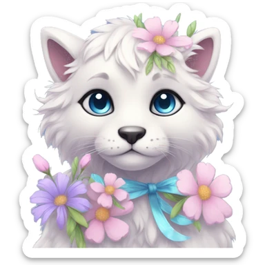 Anthro Cute Cool Pastel Kawaii gorgeous sparkly ethereal fantasy animal creature with blue eyes furry sona with flowers and ribbons beautiful aesthetic sticker