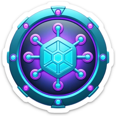 Futuristic blockchain node badge icon, circular emblem with interconnected glowing nodes, all nodes softly illuminated, neon cyan and violet gradient, sci-fi web3 game UI style, metallic rim, dark background, 3D polished game asset, sharp and high detail, centered composition sticker