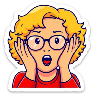 Blonde woman with short curly hair, slightly overweight, wearing red-framed glasses, shouting with hands on both sides of her mouth sticker