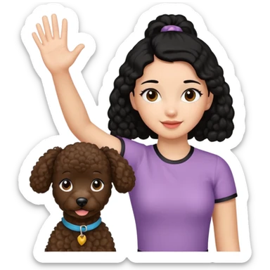 Ponytail black hair girl with brown Poodle say goodbye  sticker