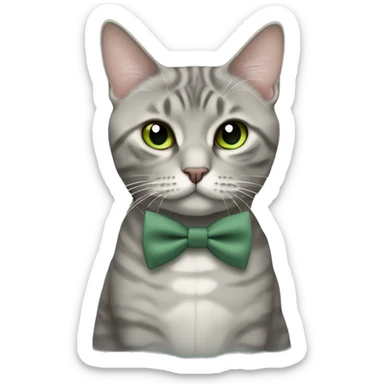 Aesthetic fat grey tabby British short hair full body cat with sage green bow tie sticker