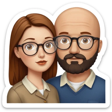 Couple. Bald man with dark brown-black beard. White woman with many small, faded freckles, she has white skin and she has auburn-brown-cinnamon, dark long hair. She has light brown eyes. The man have hazel eyes and glasses. She have light eyes. Retro style. She kisses him. sticker