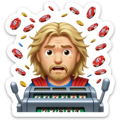 disheveled Thor losing money at a slot machine, panicked face, coins flying sticker