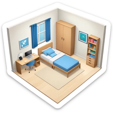 top-down view of teenage bedroom layout with bed, desk, closet, and storage sticker