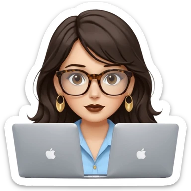 A white woman with long wavy dark brown hair and a whispy bang, wearing thick tortoise SQUARE glasses, gold drop earrings. She has long lashes and a nude browny glossy lipstick. She's wearing an oversize light blue shirt with white vertical strips. She's working on a laptop sticker