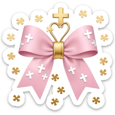 super pale pink bow confetti but the paper confetti are the pale pink bows all spread out with white tiny glitter and then with golden crosses on it and a white band in the mjddle sticker