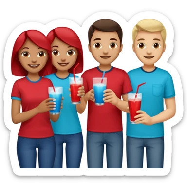Two dozen adults in casual clothing with red, aqua and blue shirts with different drinks chatting at an afterwork meeting sticker
