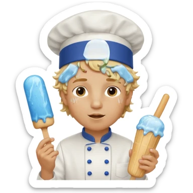 boy blonde curly hair, chef, eating blue ice pop sticker