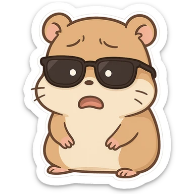 A hamster wearing sunglasses, the sunglasses have slipped down to the bottom of the eyes, the hamster has a dull look, is frightened, and looks incredulous sticker