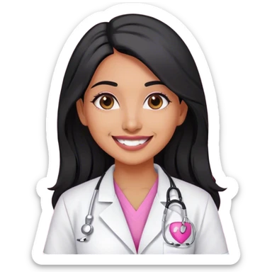 Indian doctor female with olive skin wearing pink scrubs and lab coat with black long hair and smile  sticker