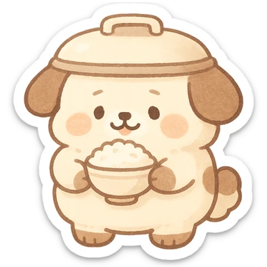 chibi style soft fluffy rice cooker dog, round belly, holding a rice bowl, soft cream and brown colors, full-body sticker
