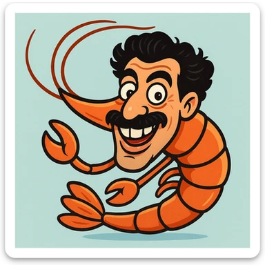 a shrimp with a human face resembling Borat, playful and fun, cartoon style sticker