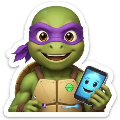 Donatello from Teenage Mutant Ninja Turtles, emoji style, holding a hologram device and smiling sticker