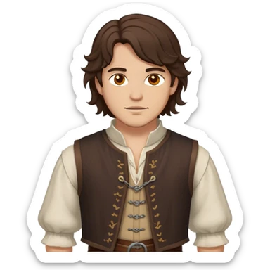 medieval outfit worn by a DnD themed fantasy character. basic linen shirt with an open-front wool vest. clothes only above the waist. The clothes full waist. The character's haven't arms. character is wavy dark brown hair amber eyes medium-length hair light-skinned man. sticker