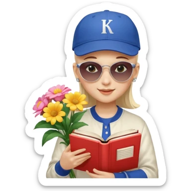 ["A happy girl with light skin, bald, wearing a baseball cap and sunglasses, dressed in K-pop fashion, is reading a book while holding a flower bouquet."] sticker
