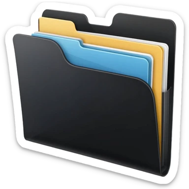 small cute black folder icon, slightly open at the top, multiple pockets, label on the front with the word 'Titles', no sparkles sticker