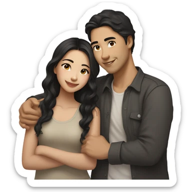 A half pale Asian man with short dark hair and amber eyes embracing and loving a half Asian woman with long wavy dark hair and dark hazel eyes. They love each other a lot And have good fashion taste. And are having a lot of fun sticker