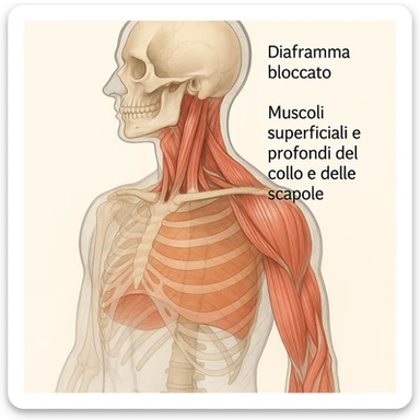 illustrazione con effetto trasparenza che mostra diaframma bloccato e muscoli superficiali e profondi del collo e delle scapole, didascalia in italiano sticker