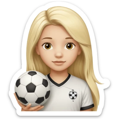 A girl with long light blonde hair with long eyelashes that looks around 13 years old with a soccer ball sticker