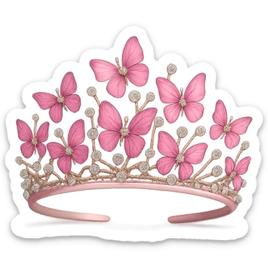 butterfly crown with a pink base, butterflies in pink enamel hues, sparkling gems, transparent background sticker