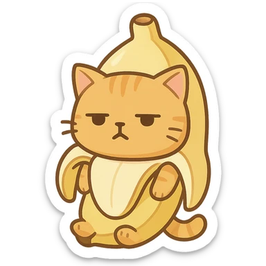 Cat meme, a little yellow cat wearing a banana suit with a dull expression sticker