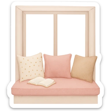 pink cozy window seat with cushions and a book, peaceful sticker