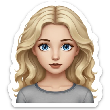 Girl with blue eyes. Blonde wavy hair with dark brown highlights. Long hair. Natural eyebrows with color like highlights. Painted eyelashes and lips lined with brown liner. With a gray long-sleeved crop top. Skinny in the face. sticker