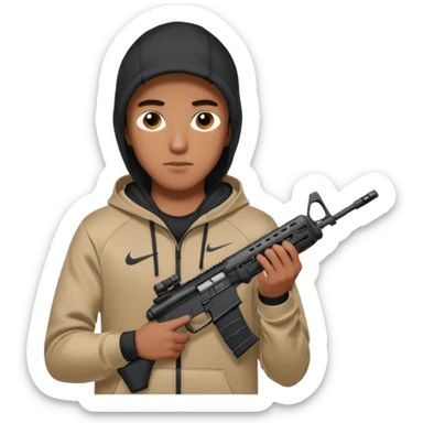 
Fais moi un jeune taliban qui ressemble qui tient une AR15 avec un hoodie a capuche, capuché, avec la cagoule nike therma fit hood sticker