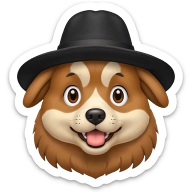 a surprised dog with an open mouth and a black hat on its head sticker