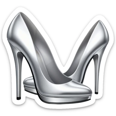 A pair of high heel shoes emoji made of polished silver chrome, elegant sharp silhouette, smooth metallic surface, glossy reflections, luxury sexy vibe, minimalistic iOS emoji style, centered, clean white background sticker