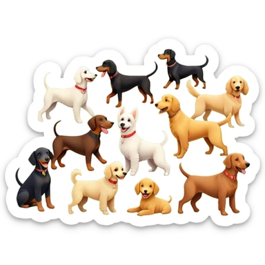 Collage of various dog breeds like Doberman, Poodle, Dachshund, and Golden Retriever, playing in a park with trees and grass. Some dogs run, others sit, all are full of energy and happiness. A joyful, colorful scene with playful expressions. Transparent background. sticker