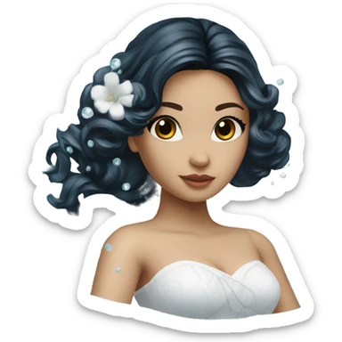 Pretty young Lady doll posing posed pose with long black hair flowers in hair white dress surrounded by flowing water water swirls waves sticker