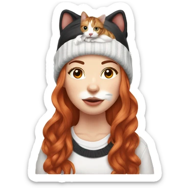 Long Red haired woman in beanie with septum piercing holding black and white English Staffordshire puppy and tabby cat sticker