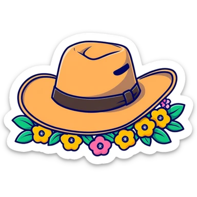 Cowgirl hat with wildflowers, colorful floral arrangement on a tan cowboy hat sticker