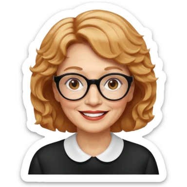 woman 70 years old, very short strawberry blonde weavy hair, brown eyes and round dark glasses smile sticker