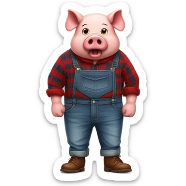 An angry humanoid pig wearing a red long sleeved flannel with blue jeans and brown shoes sticker