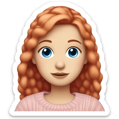 Pretty blue eyed white girl with red hair and light pink sweater reading cozy sticker