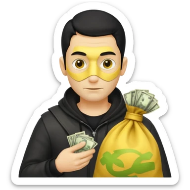 Ladrão com saco de dinheiro emoji efeito Mandela com pele amarelo com apenas a cabeça e os ombros aparecendo sem mãos sticker