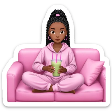 A dark-brown-skinned Black woman with black box braids, sitting on a pink couch, holding a smoothie cup with a straw, and looking relaxed. She’s wearing comfy loungewear in a cozy setting. sticker