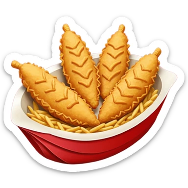 Five delicious breaded irregular chicken tenders in a red paper food boat sticker