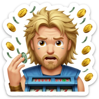 disheveled Thor losing money at a slot machine, panicked face, coins flying sticker