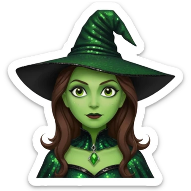 The Wicked Witch from Oz with long brown hair, green skin, black sequin outfit sticker