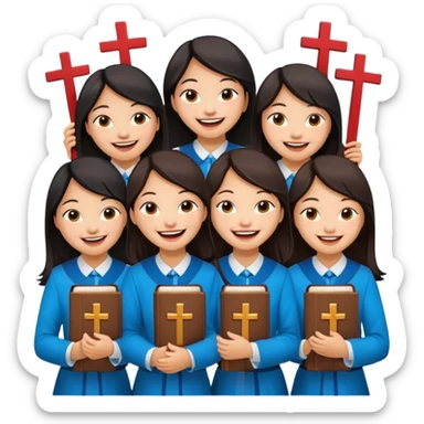 eight asian girls laughing with each other holding bibles and crosses and sticker